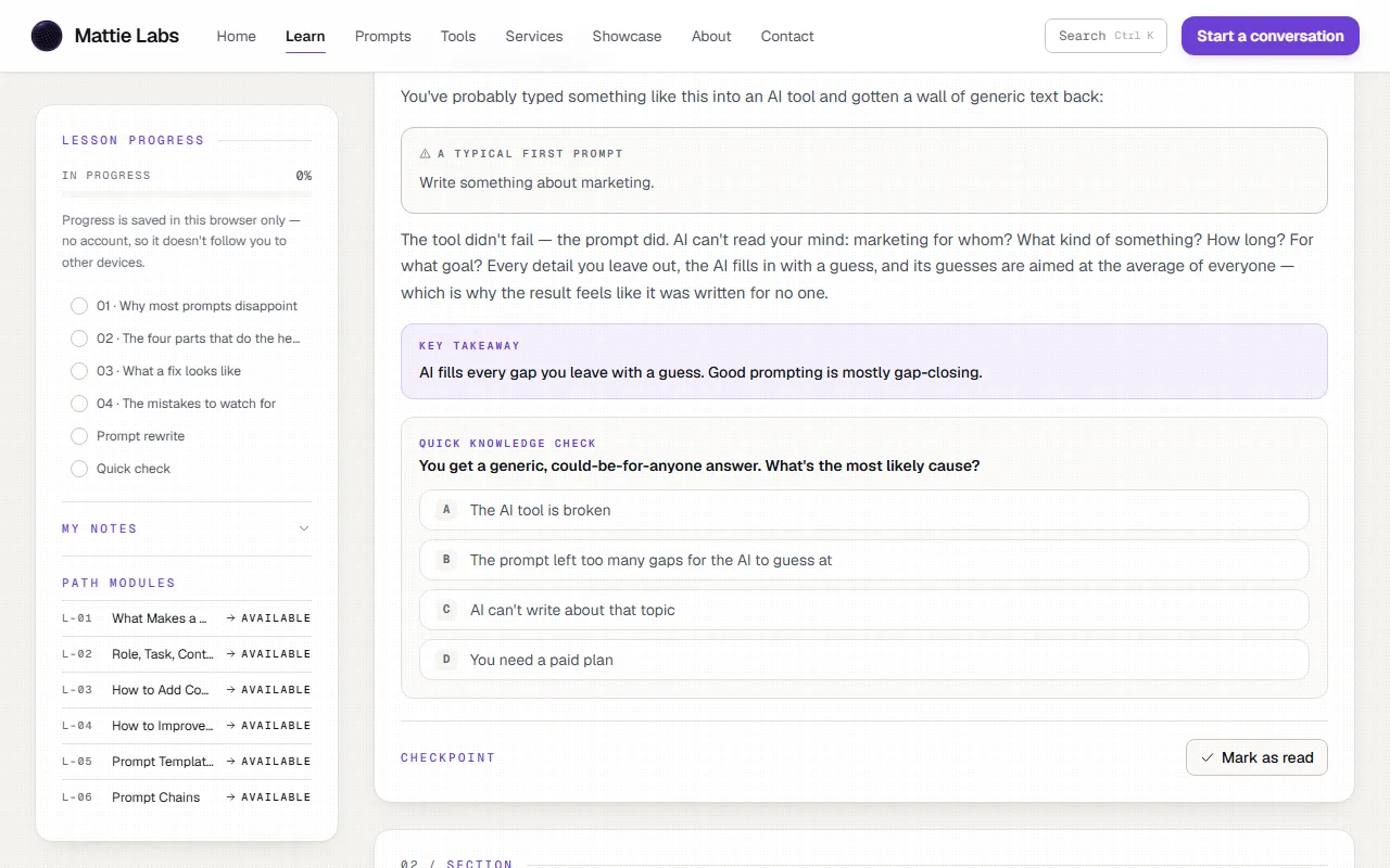 The What Makes a Good Prompt lesson open at its interactive knowledge check, with the lesson-progress sidebar alongside