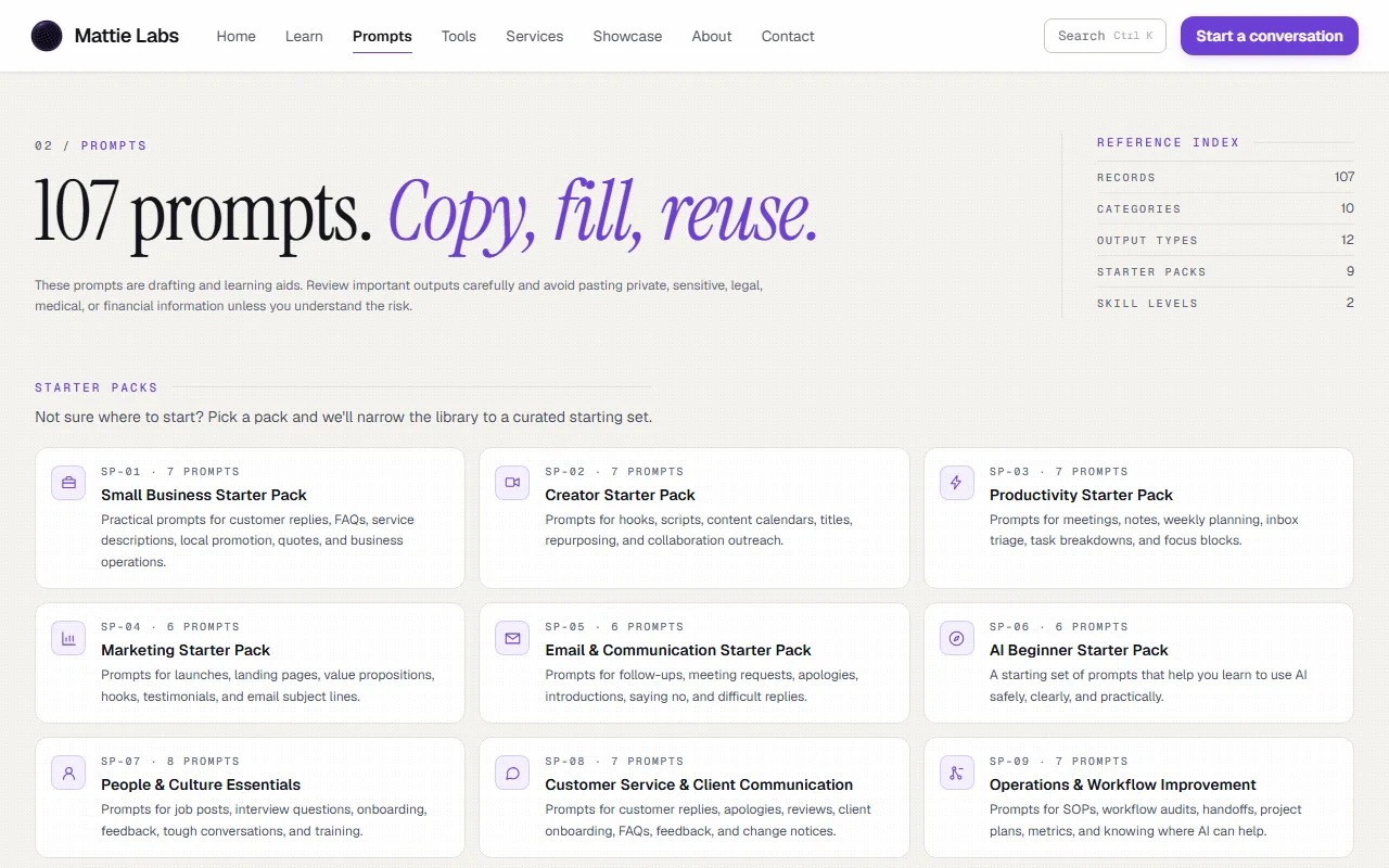 Screenshot of the Prompt Library with starter packs and the reference index