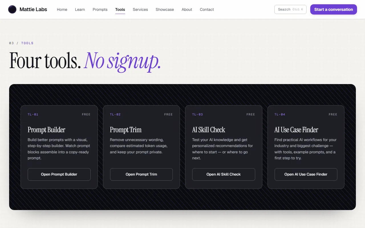 Screenshot of the interactive tools index