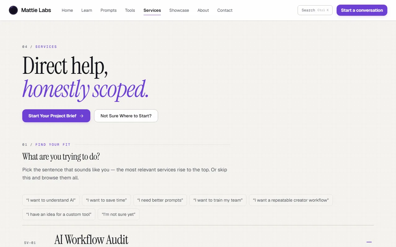 The services page built from the site's numbered-row design system