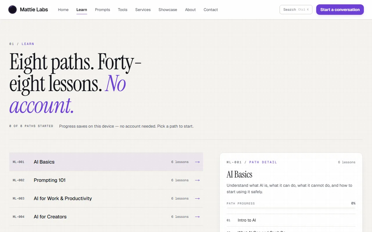 Screenshot of the Learn hub with its learning paths