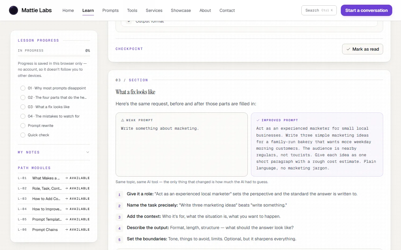 A lesson comparing a weak prompt with its improved rewrite