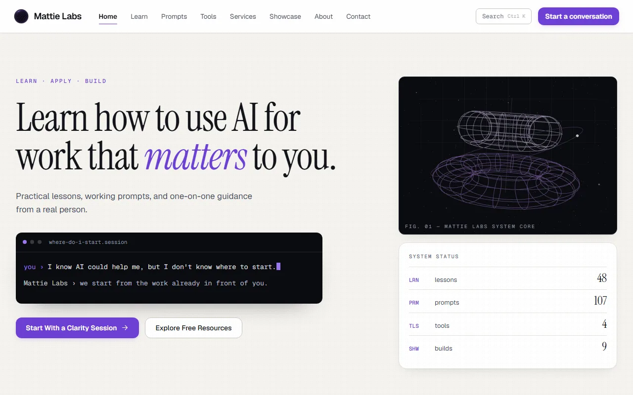 Screenshot of the Mattie Labs homepage hero