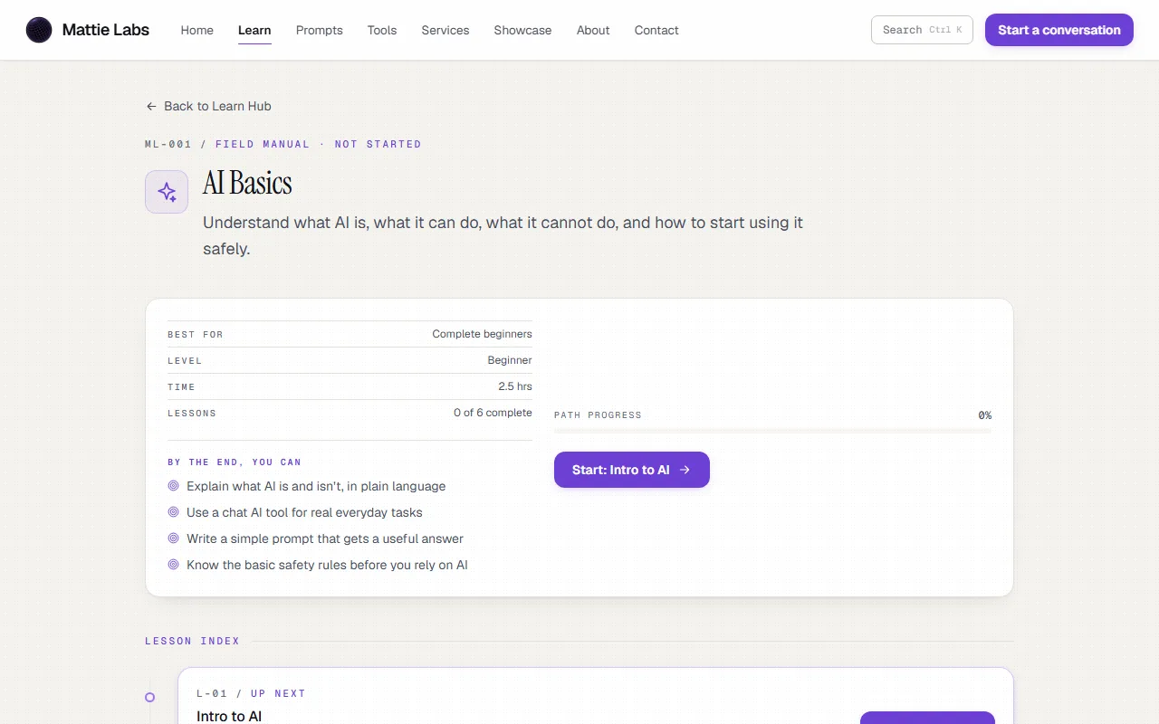 A learning path page with its ordered lesson index