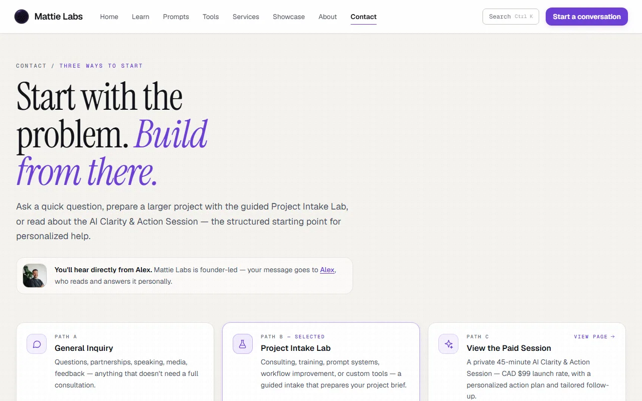Screenshot of the guided Project Intake Lab on the contact page