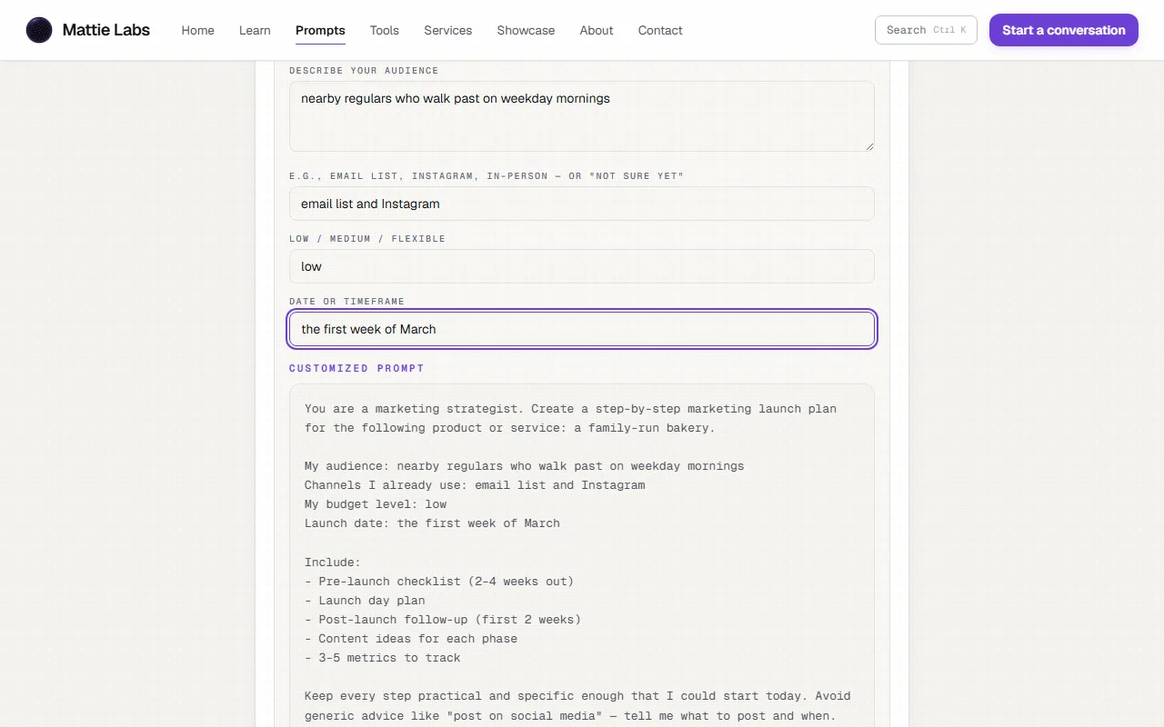 A prompt detail page with the customizer's fill-in fields expanded