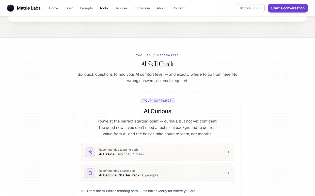 An AI Skill Check result with a recommended path and starter pack